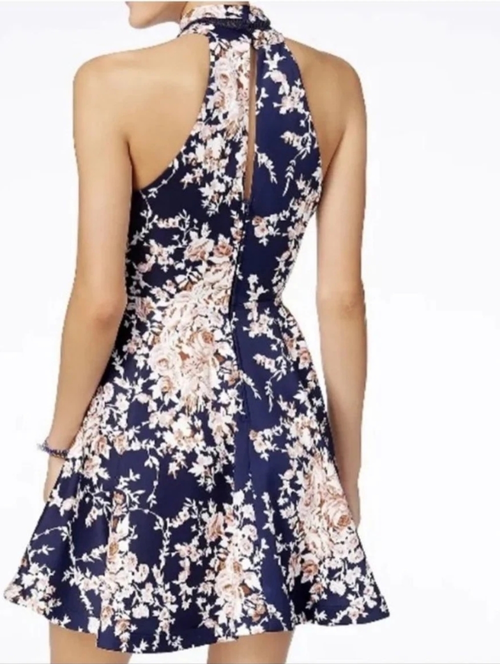 B. Darlin Junior's Printed Mock Neck Crochet Trim Fit & Flare Dress Navy 13/14 - Picture 2 of 4